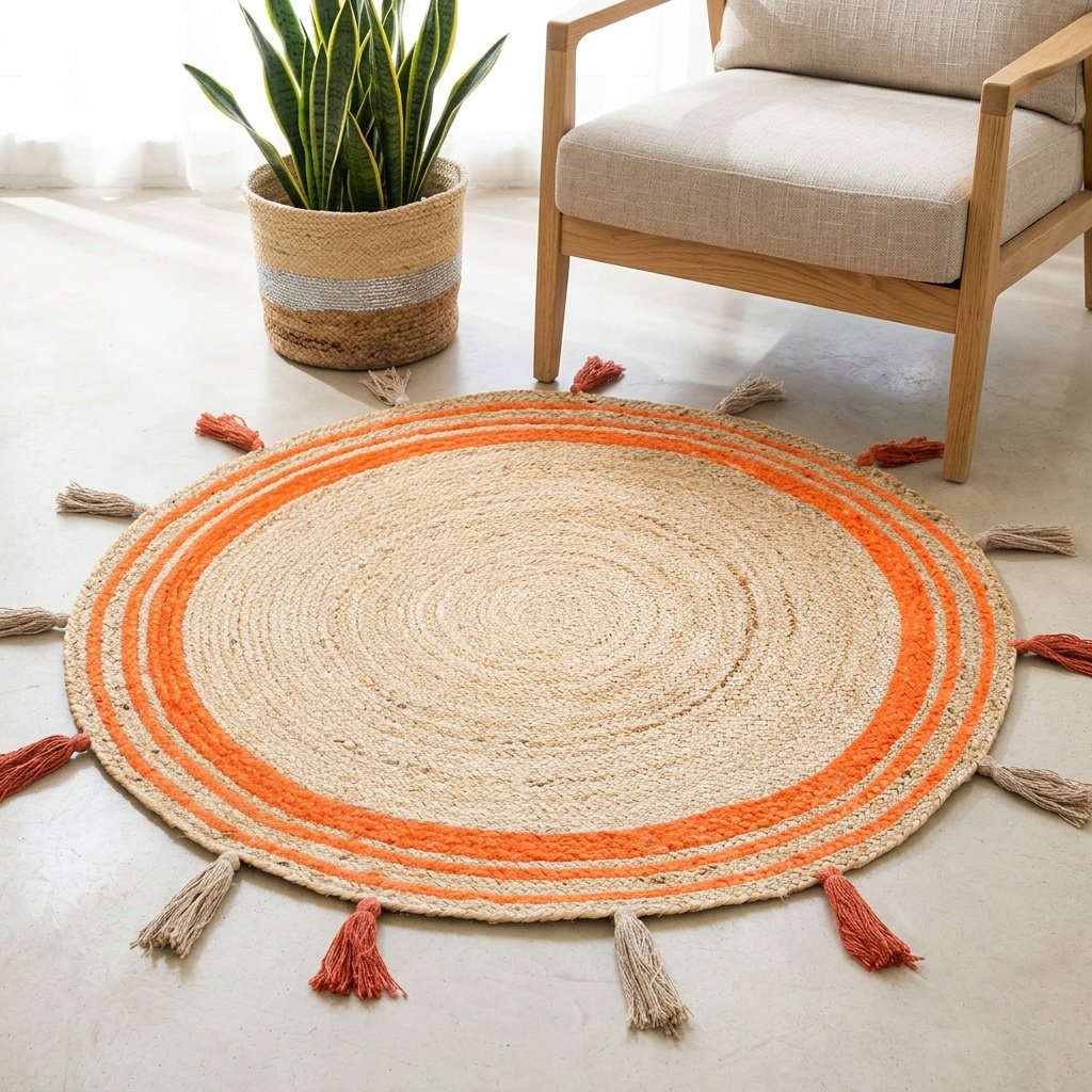 Tapis rond en jute tressé à franges orange avec pompons Orange trim braided round jute rug with tassels