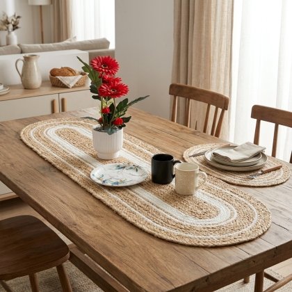 Oval jute table runner and placemats with white trim