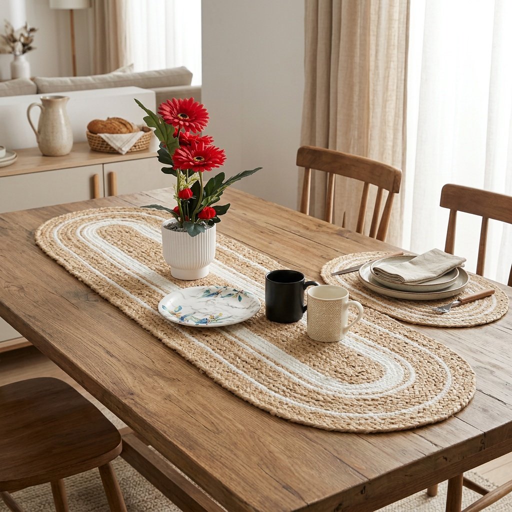 Chemin de table et sets de table ovales en jute avec bordure blanche Oval jute table runner and placemats with white trim