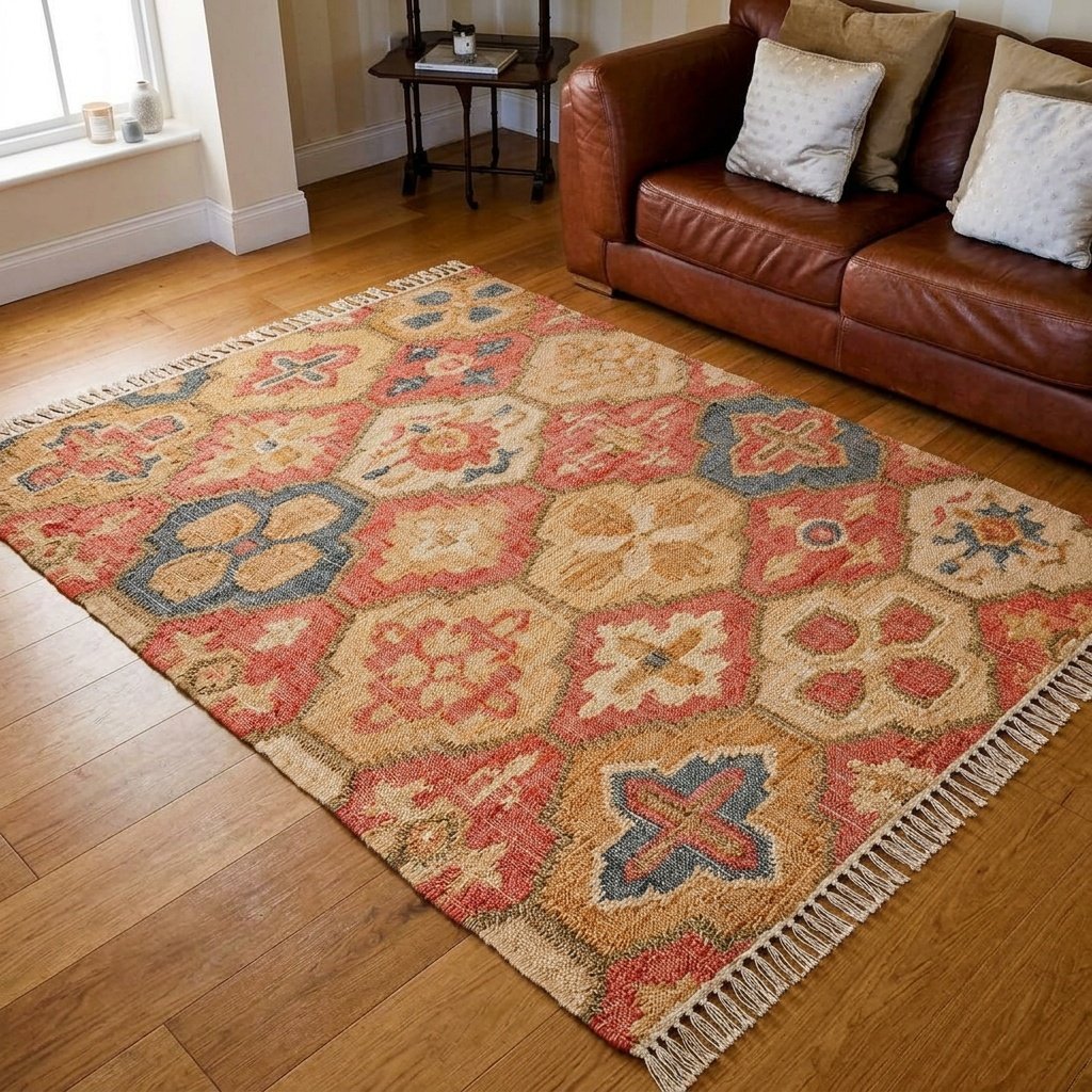 Tapis en coton et jute à motif treillis rouge Red trellis pattern cotton and jute rug