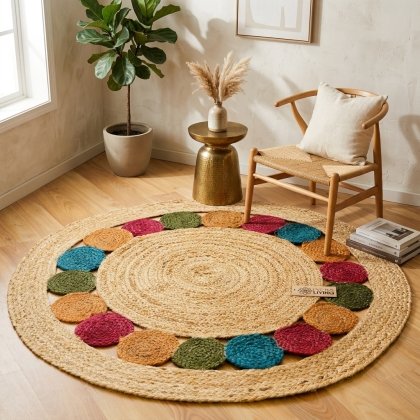 Round coloured medallion jute rug