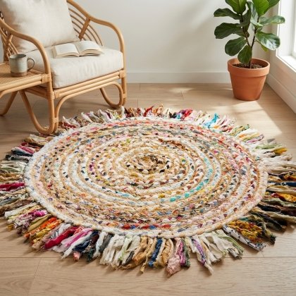 Round hand woven chindi jute rug
