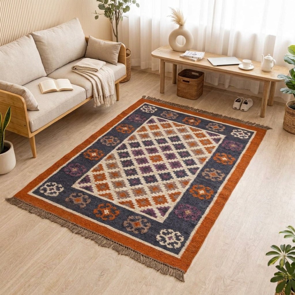 Tapis en laine et jute à bordure rouille Rust border wool and jute rug
