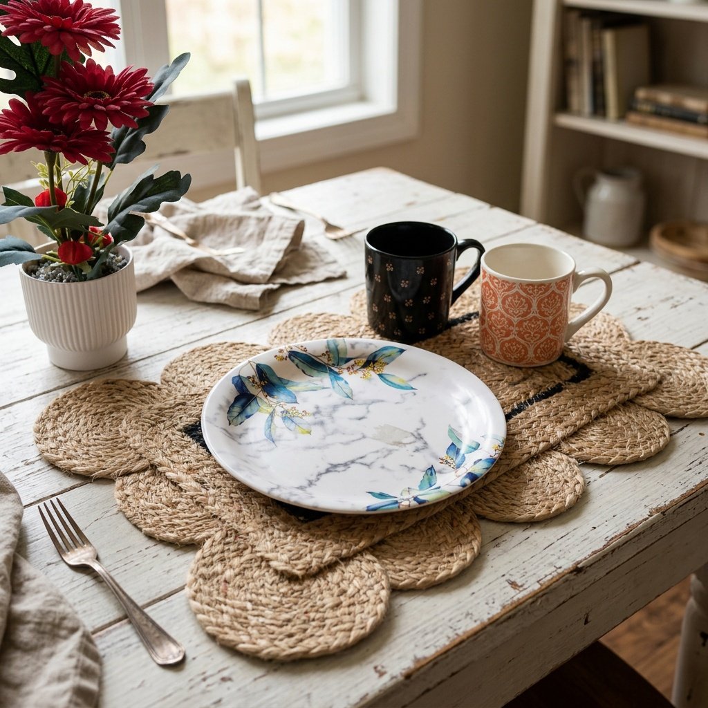 Sets de table en jute festonnés avec bordure noire Scalloped jute placemats with black trim