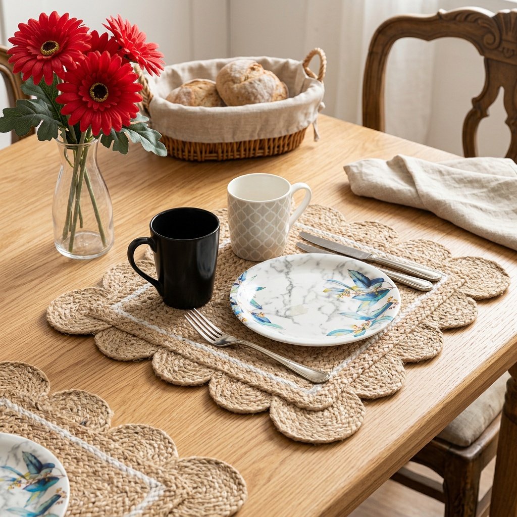 Set de table en jute festonné avec bordure blanche Scalloped jute placemats with white trim