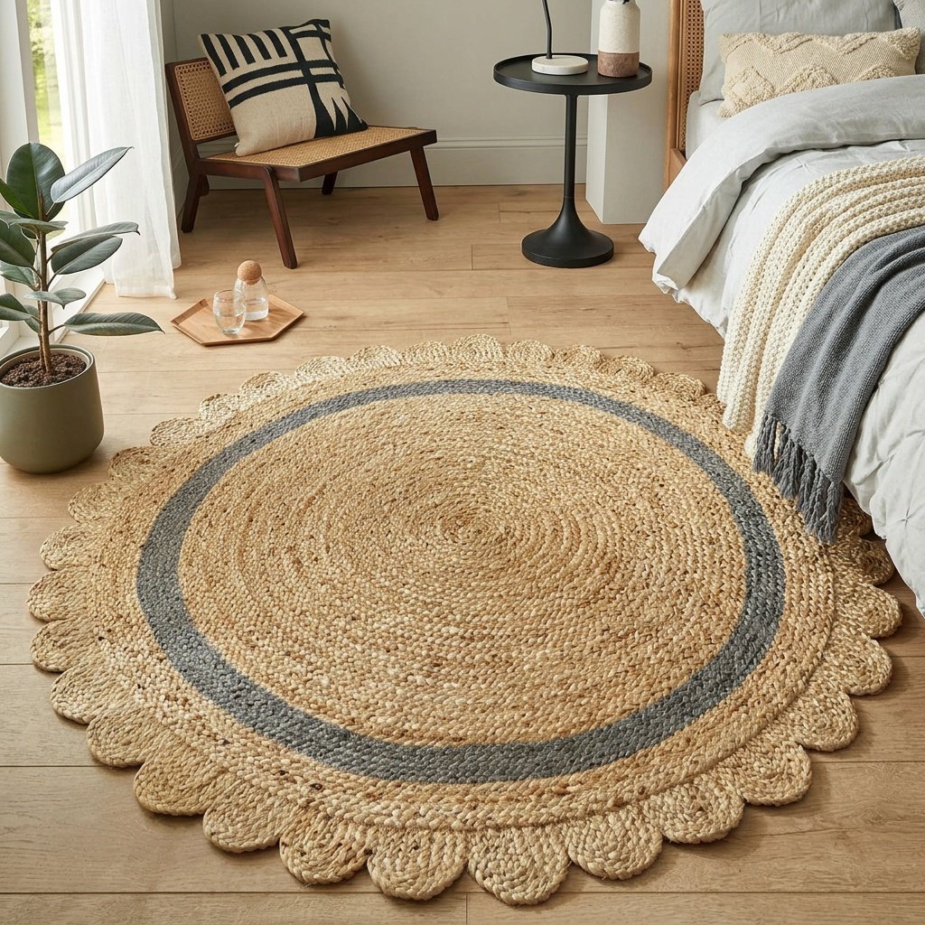 Tapis rond festonné en jute avec bordure grise Scalloped round jute rug with grey trim