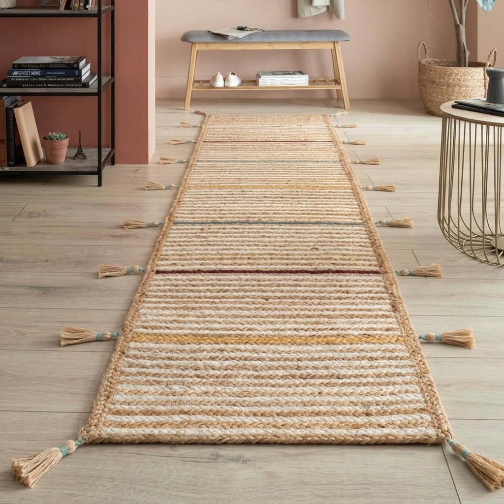 Tapis de jute rayé avec pompons Striped jute rug with tassels