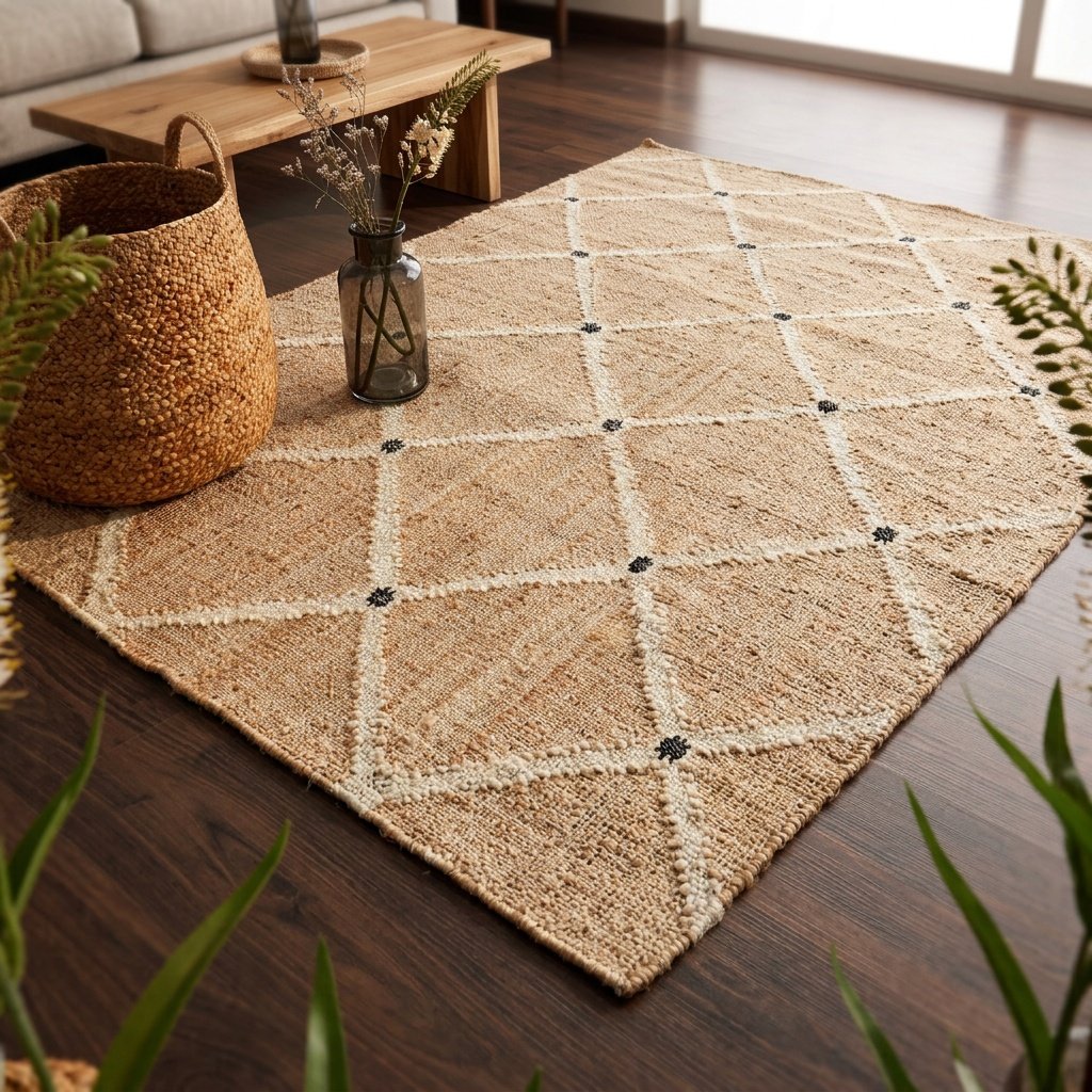 Tapis d'extérieur en coton jute à losanges de couleur havane Tan diamond cotton jute area rug