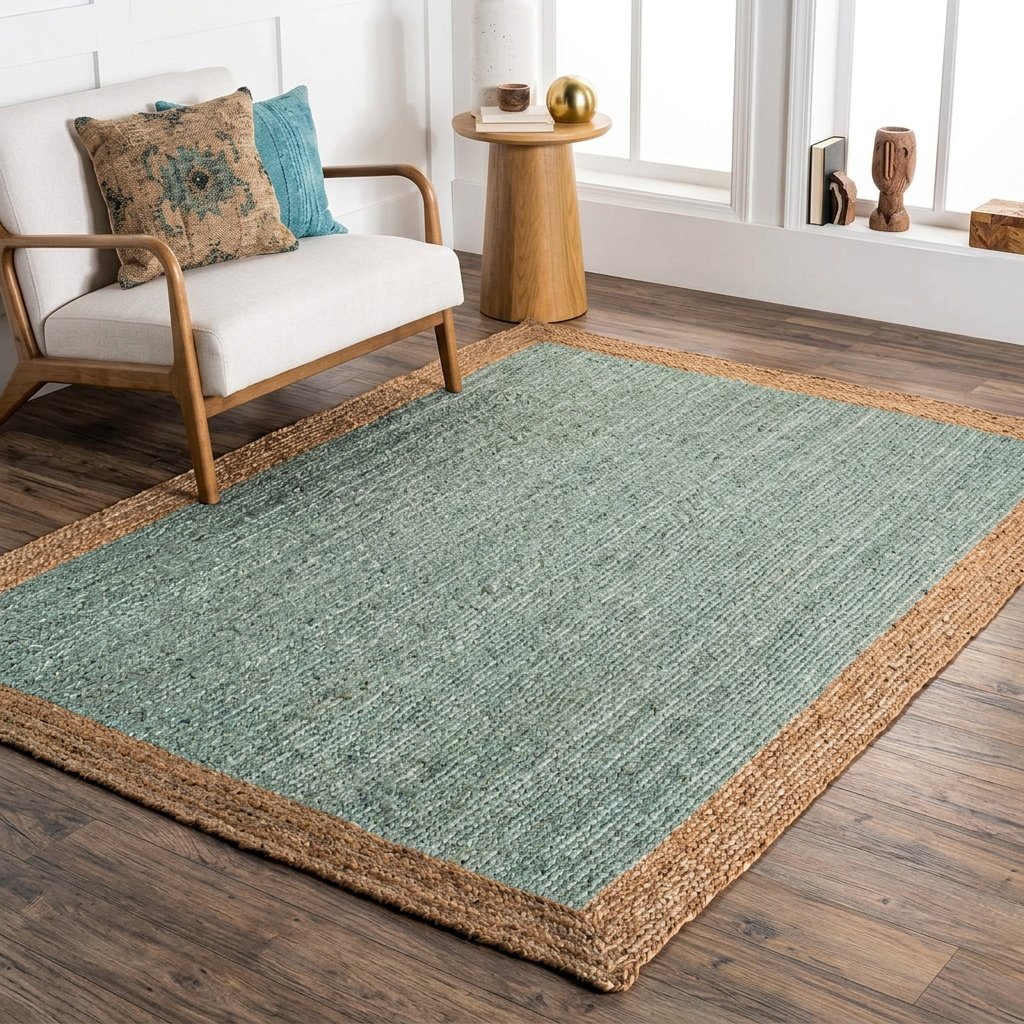 Tapis de jute turquoise avec bordure naturelle Turquoise jute rug with natural border
