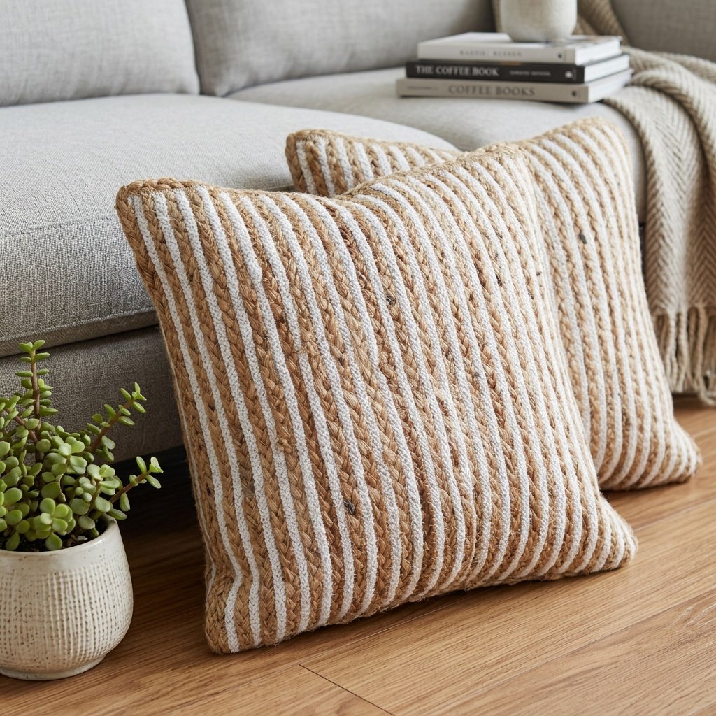 Ensemble de coussins en jute et coton tressé blanc et naturel White and natural braided cotton jute pillows set