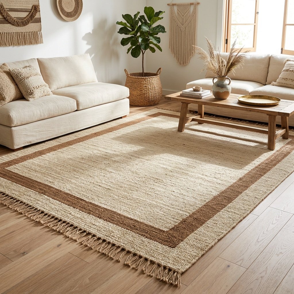 Tapis en jute blanc et naturel avec pompons White and natural jute rug with tassels