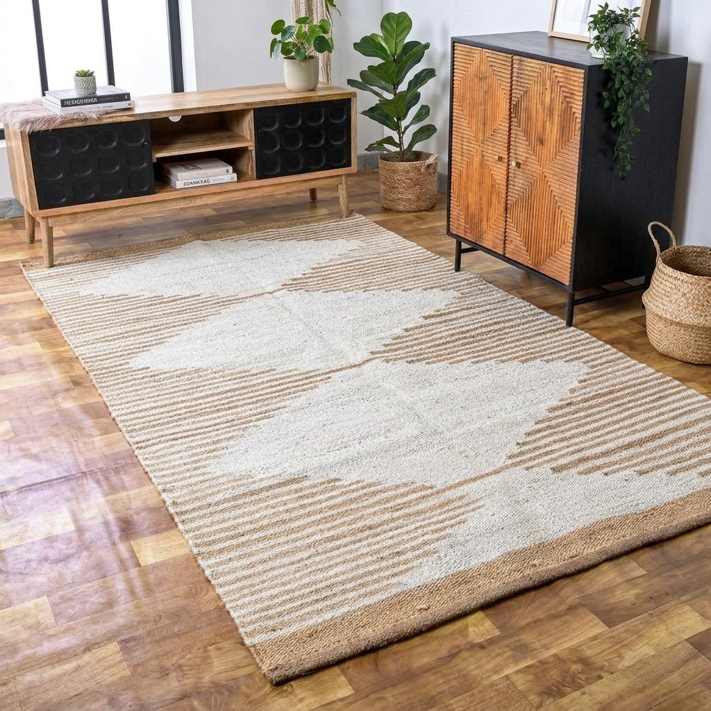Tapis de jute blanc à motifs de diamants White jute rug diamond pattern