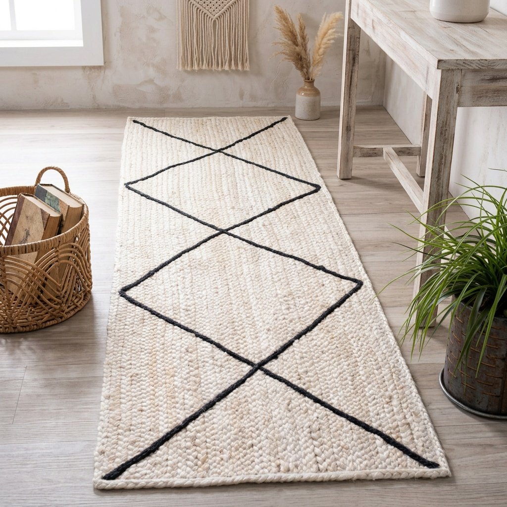 Tapis en jute blanc avec losange noir texturé White jute rug with textured black diamond