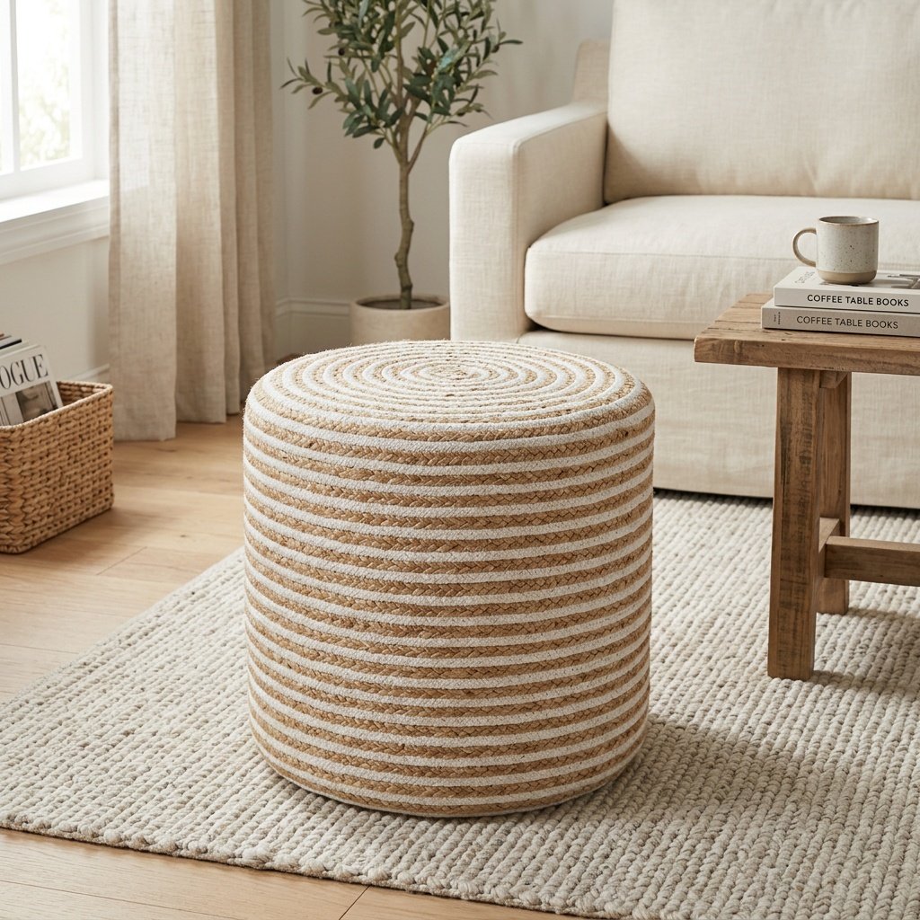 Pouf en coton et jute tressé à rayures blanches White striped braided cotton and jute ottoman
