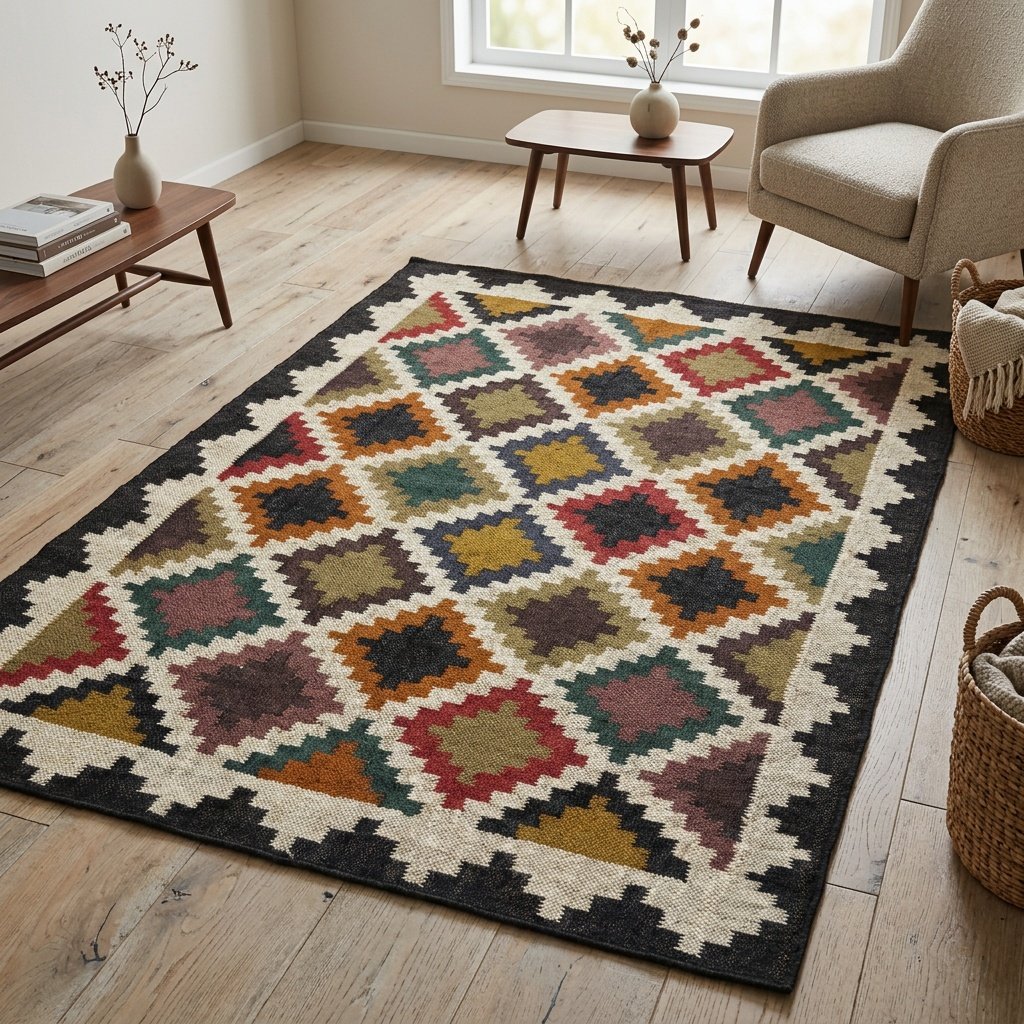 Tapis kilim en laine et jute à motif de diamants Wool jute kilim rug with diamond pattern