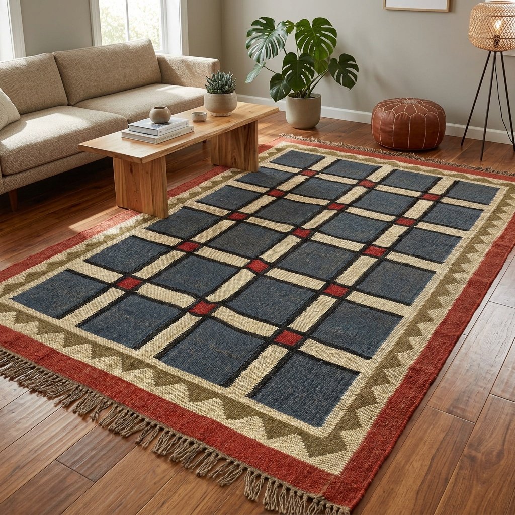 Tapis kilim en laine et jute avec bordure rouge Wool jute kilim rug with red border