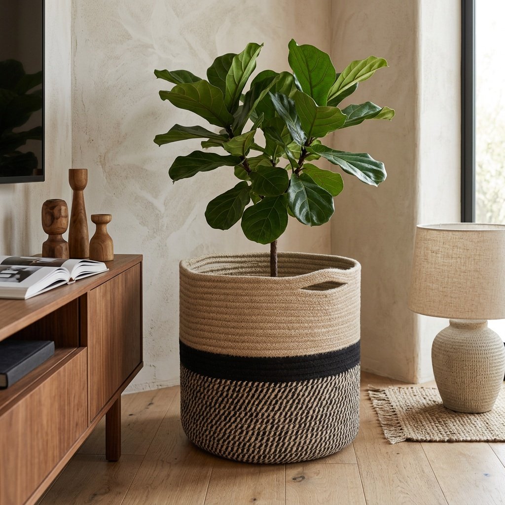 Panier à plantes en jute noir et naturel Black and natural jute plant basket