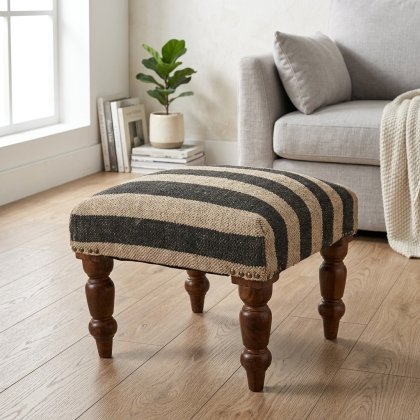 Accueil Black striped jute footsool ottoman