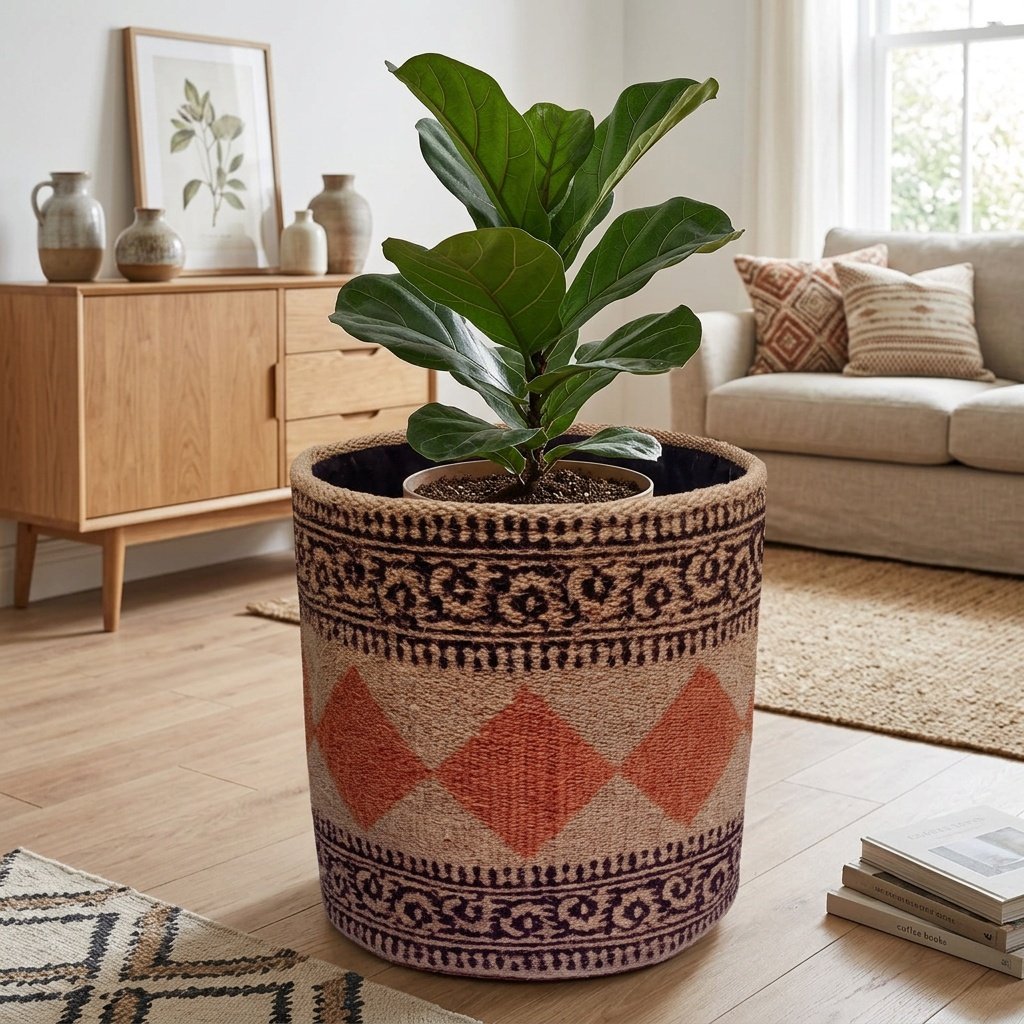 Panier rond en jute à motif de diamant Diamond pattern jute round basket