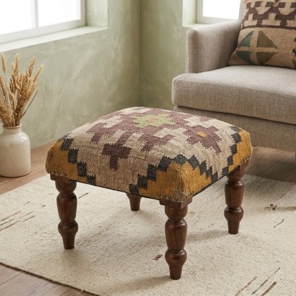 Ivory square ornate jute footstool ottoman