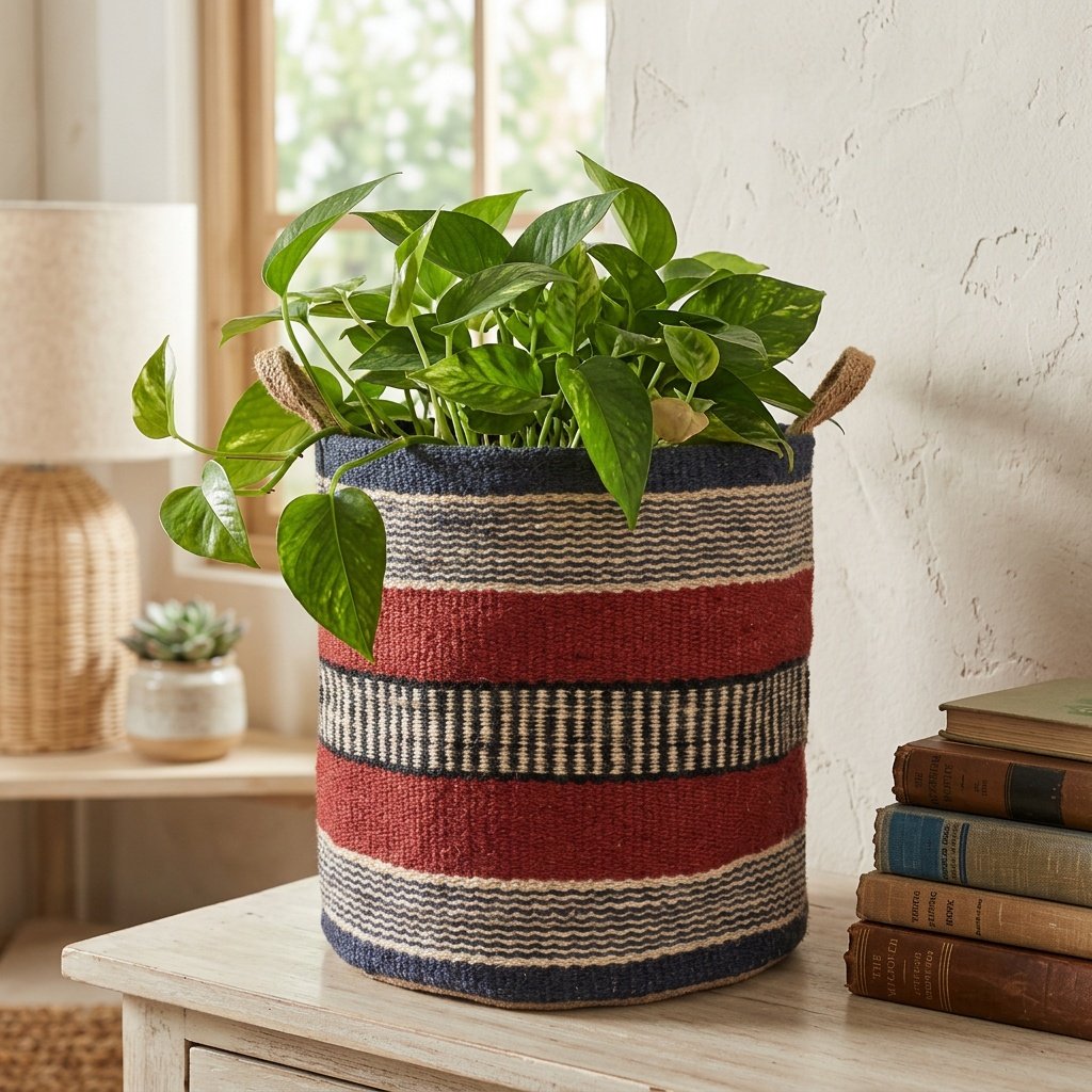 Panier en jute rouille et marine pour plantes Rust and navy jute basket for plant